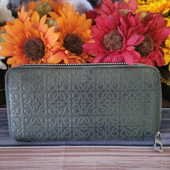 Loewe Handbags - Loewe Dark Green Anagram Zip Around Wallet Leather Silver Hardware
